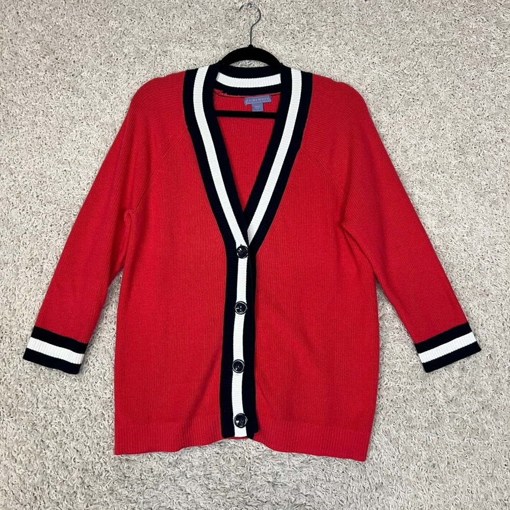 Laura Scott Button Front Cardigan Womens Large Pink Knit V Neck Retro Preppy